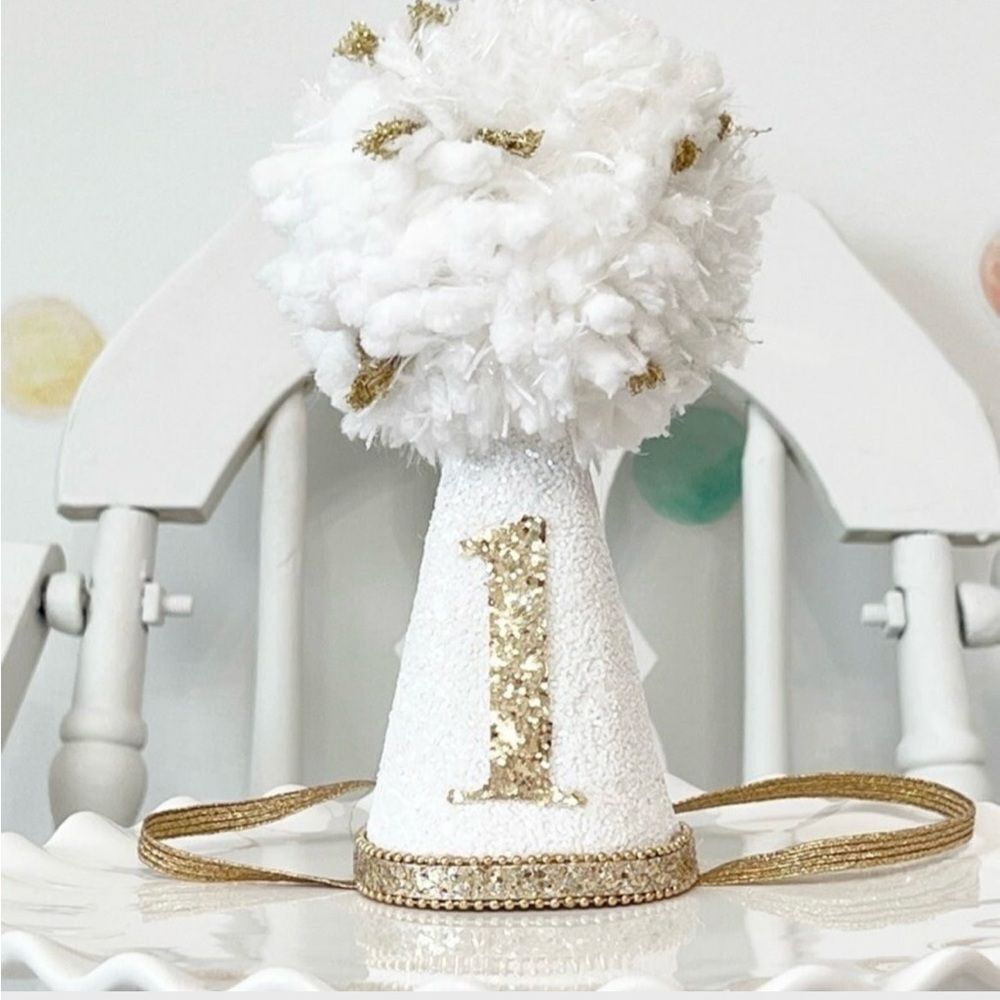 White and Gold Party Hat with Pom Pom